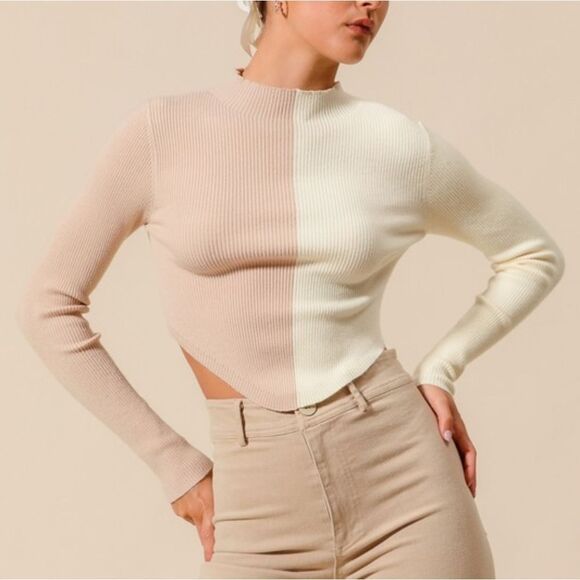 0SO ME Color Block Fitted Crop Sweater Top Two-Tone Ribbed Sweater Sz Sm Md - Picture 14 of 14